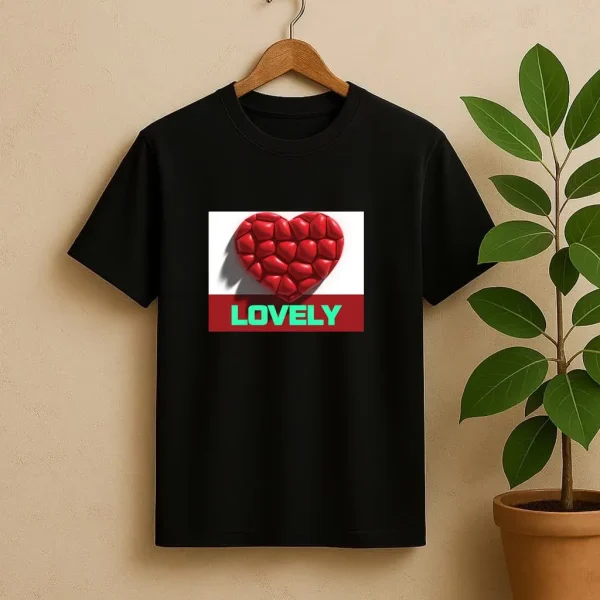 تیشرت مشکی شب‌نما با تصویر قلب قرمز سه‌بعدی و نوشته نئونی LOVELY، مناسب هدیه‌های عاشقانه، مناسبت‌های خاص یا استایل رمانتیک