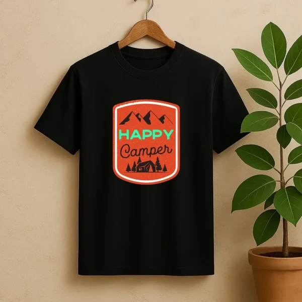 تیشرت مشکی شب‌نما با طرح نارنجی و نئونی Happy Camper شامل کوه، درخت و چادر، مناسب علاقه‌مندان به طبیعت‌گردی و سفرهای کمپینگ