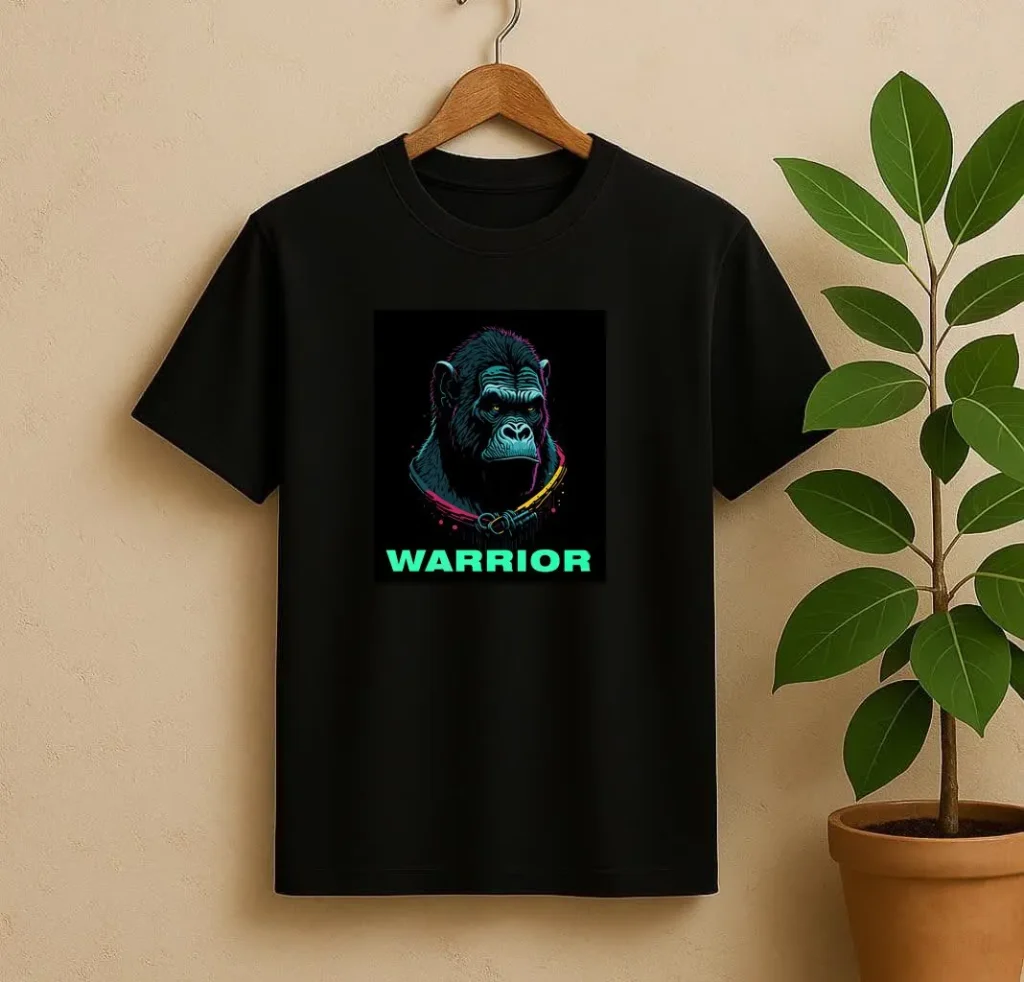 تیشرت مشکی شب‌نما با تصویر گوریل نئونی و نوشته درخشان WARRIOR، مناسب استایل‌های جسور، اسپرت یا خیابانی